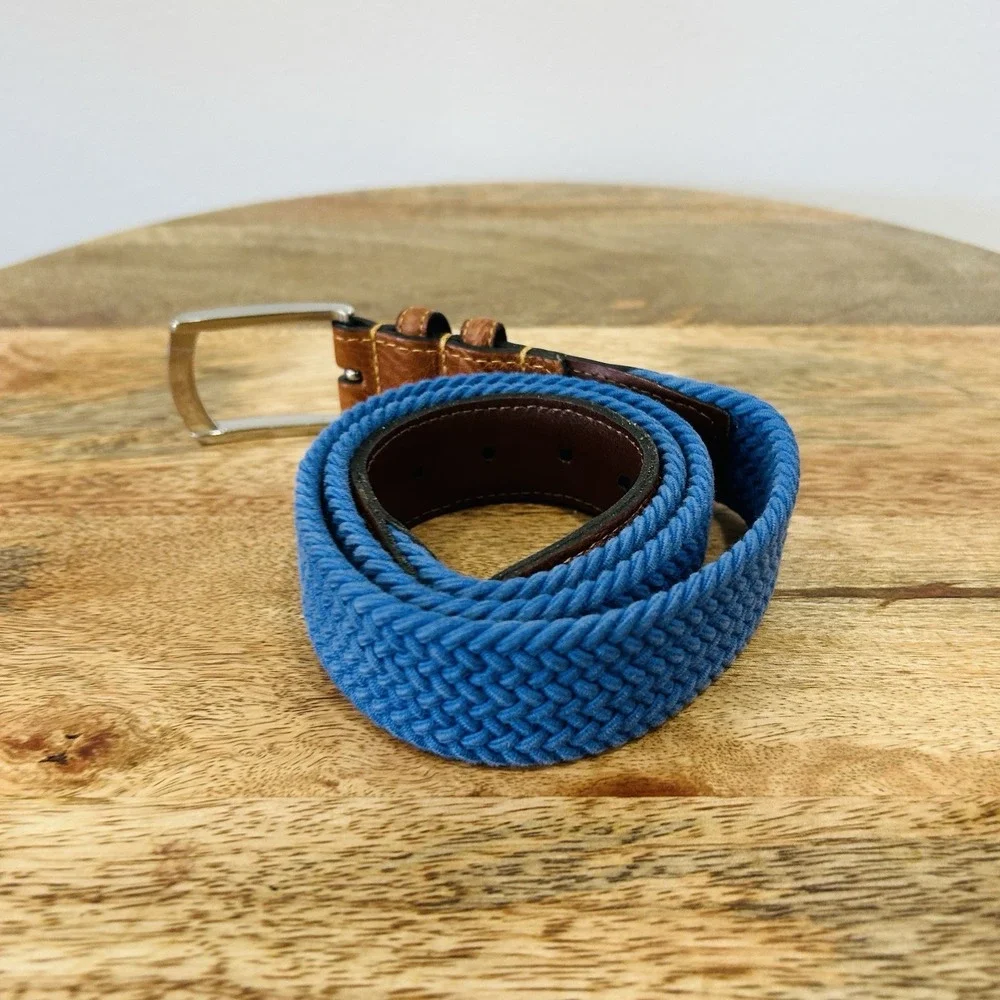 TORINO Italian Woven Elastic Belt Leather Tabs Blue Sz 40 MSRP$80 Made In USA